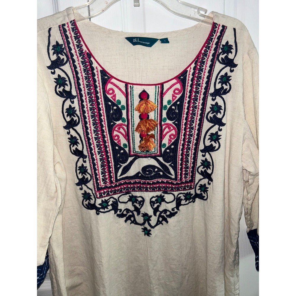 ALL A Little Larger Embroidered Tunic Dress Cotton Flax Tassel Boho Cream Navy 1